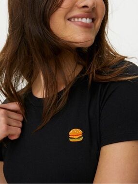 Sunday Best White Tee with Small Embroidered Yellow & Orange Burger